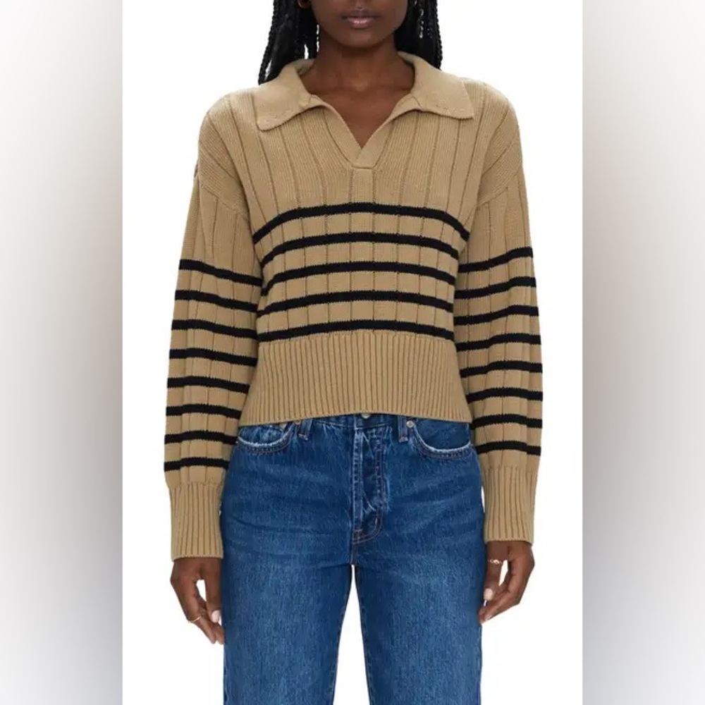 Pistola Tan and Black Striped V-Neck Sweater